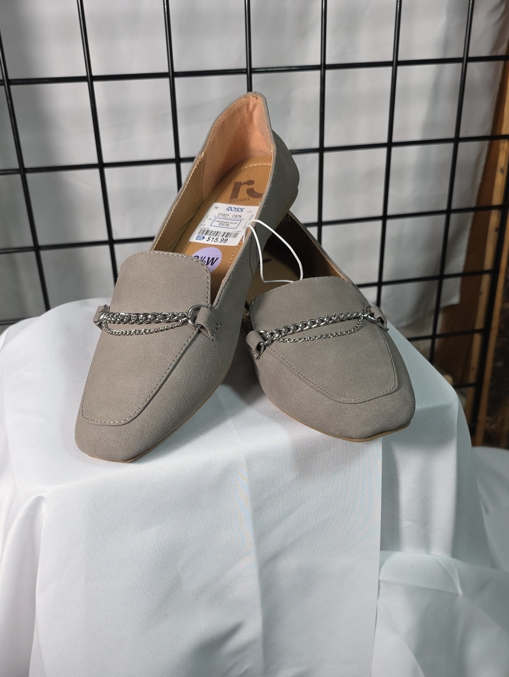 Chain-Trim Suede-Like Loafers in Taupe